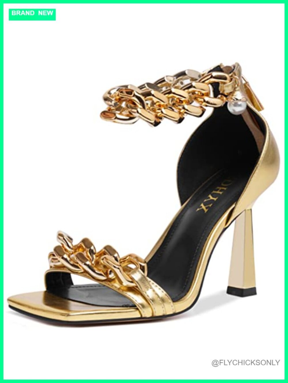Womens Stiletto Heel Sandals Square Open Toe Chain Faux Pearl Ankle Strap